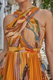 Orange pleated midi dress