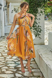 Orange pleated midi dress