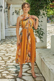 Orange pleated midi dress