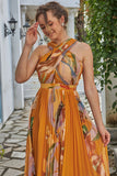 Orange pleated midi dress