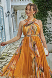 Orange pleated midi dress