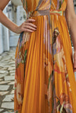 Orange pleated midi dress