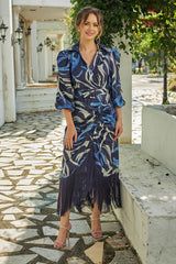 Floral midi dress decorated with fringes, navy blue