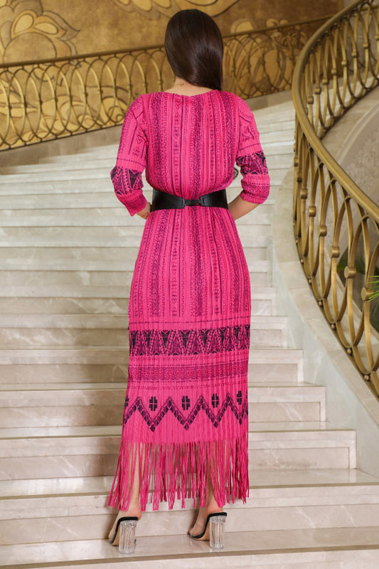 Fuchsia fringed patterned midi dress 