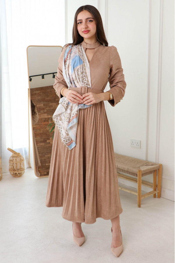 Long-sleeved suede midi dress, beige 