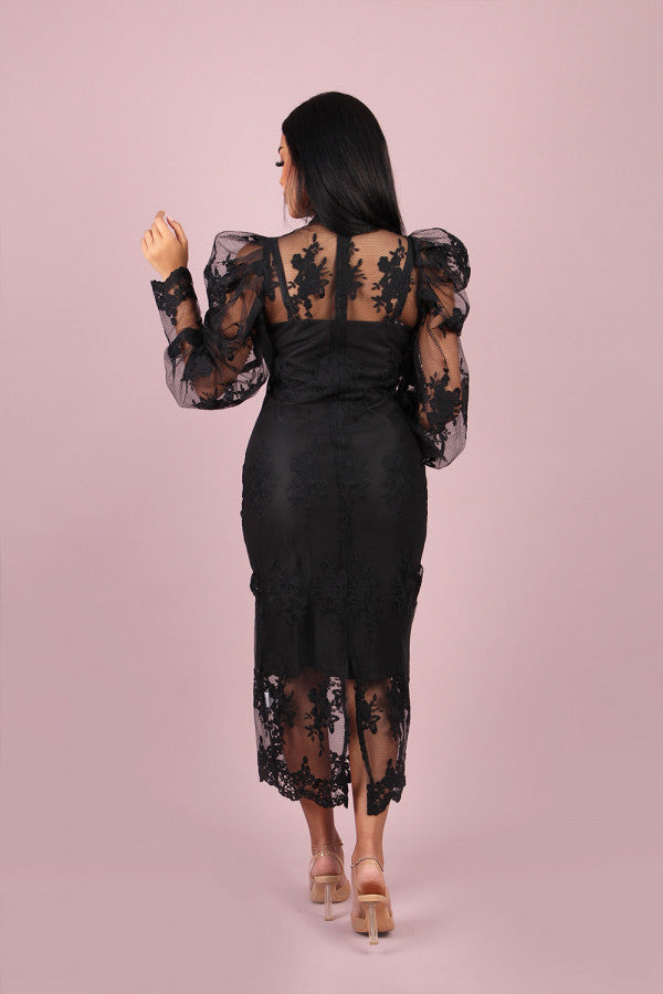 Two-piece dress with rose embroidery, black 