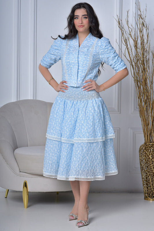 Blouse and skirt set with split design, sky blue