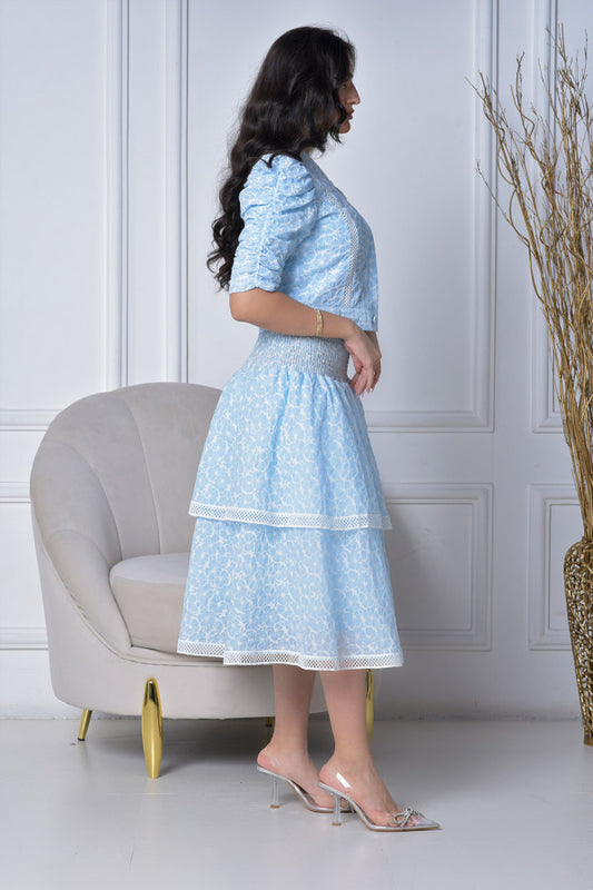 Blouse and skirt set with split design, sky blue
