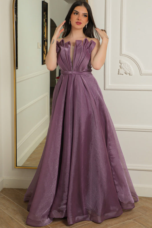 Strapless evening dress with pleats, mauve color