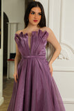 Strapless evening dress with pleats, mauve color