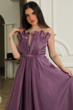 Strapless evening dress with pleats, mauve color