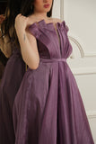 Strapless evening dress with pleats, mauve color