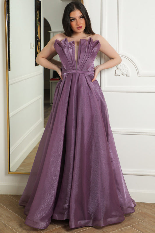 Strapless evening dress with pleats, mauve color