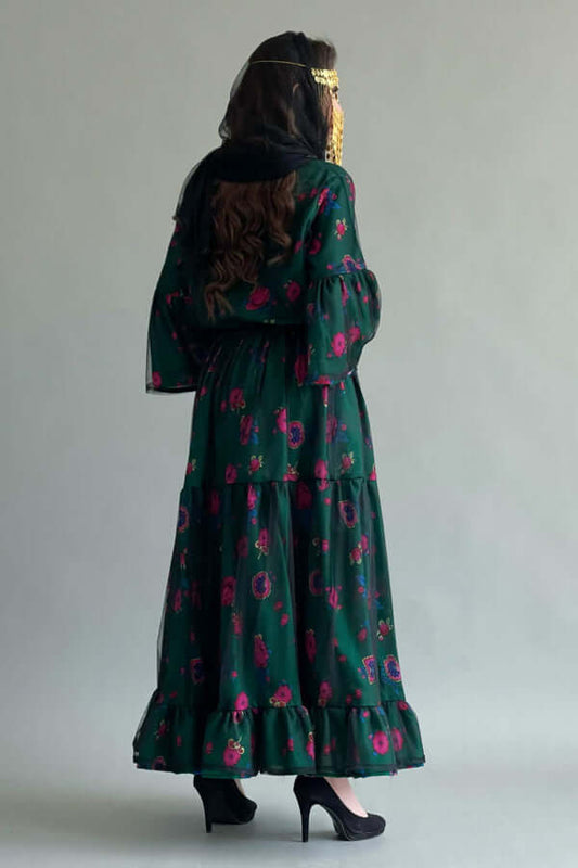 Jalabiya made of tulle lined with shalki fabric, green dress style