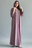 Kaftan style jalabiya embroidered with beads and gold crystals, mauve colour 