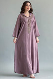 Kaftan style jalabiya embroidered with beads and gold crystals, mauve colour 