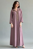 Kaftan style jalabiya embroidered with beads and gold crystals, mauve colour 