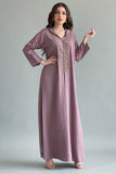 Kaftan style jalabiya embroidered with beads and gold crystals, mauve colour 