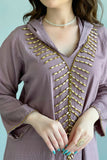 Kaftan style jalabiya embroidered with beads and gold crystals, mauve colour 