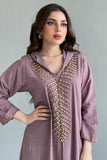 Kaftan style jalabiya embroidered with beads and gold crystals, mauve colour 