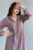 Kaftan style jalabiya embroidered with beads and gold crystals, mauve colour 