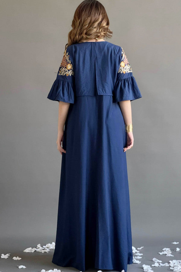 Jalabiya with wide hayr sleeves and floral embroidery