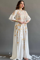 Jalabiya with wide hayr sleeves and floral embroidery