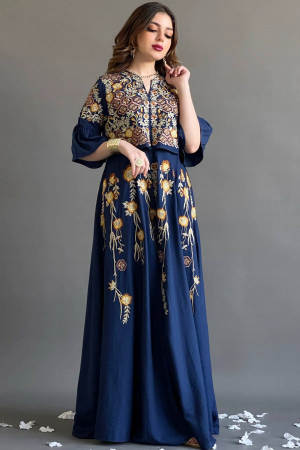 Jalabiya with wide hayr sleeves and floral embroidery