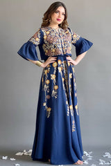 Jalabiya with wide hayr sleeves and floral embroidery