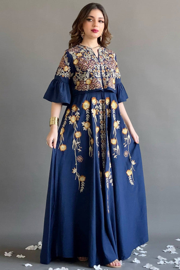 Jalabiya with wide hayr sleeves and floral embroidery