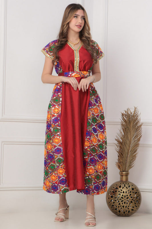 Shantoon jalabiya embroidered with colorful geometric patterns, oud colour 