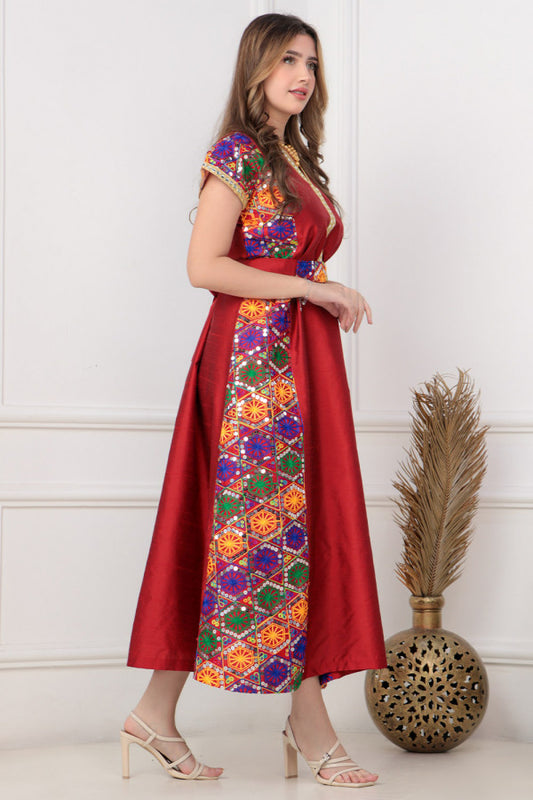 Shantoon jalabiya embroidered with colorful geometric patterns, oud colour 