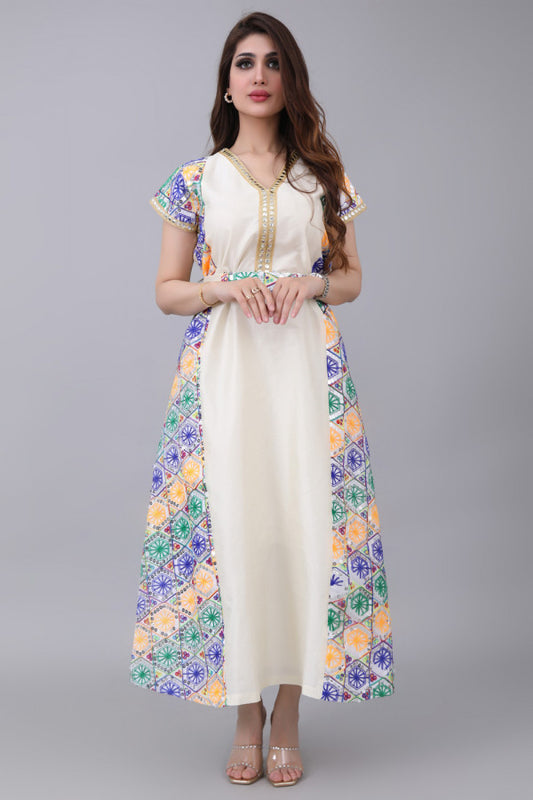 Shantoon robe embroidered with colorful geometric patterns in sugar colour 