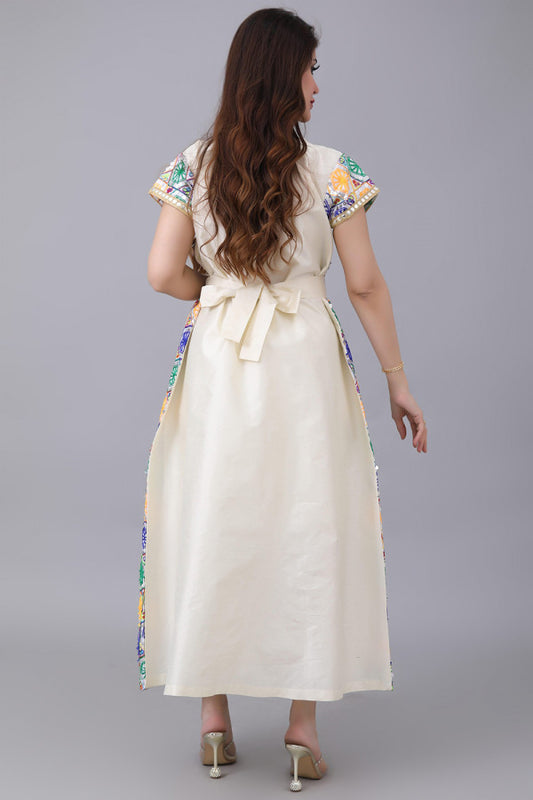 Shantoon robe embroidered with colorful geometric patterns in sugar colour 