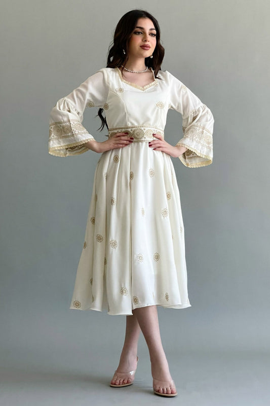 Midi dress with embroidered belt in sugar 