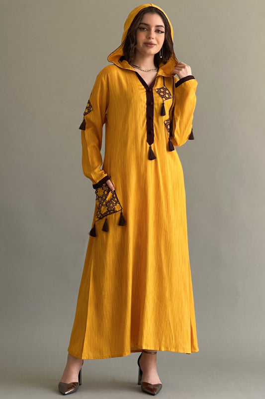 Embroidered kaftan with tassels, cumin colour