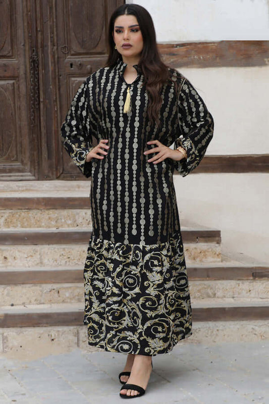 Jalabiya embroidered with golden threads, black