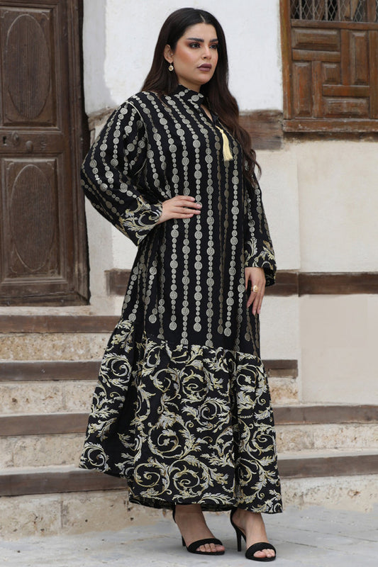 Jalabiya embroidered with golden threads, black