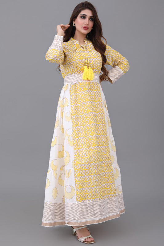 Jalabiya with cloche design and Islamic patterns, yellow color 