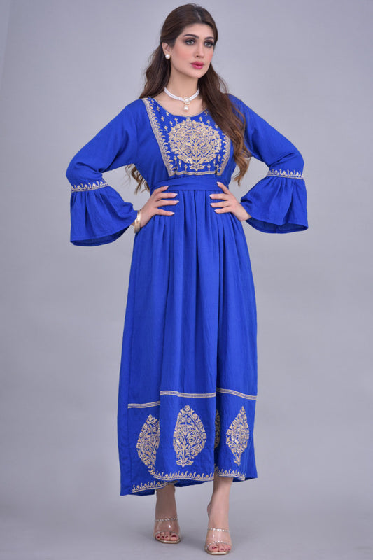 Jalabiya with embroidered pleats, indigo color 