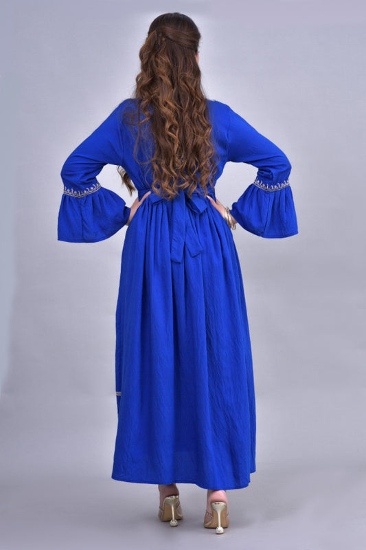 Jalabiya with embroidered pleats, indigo color 