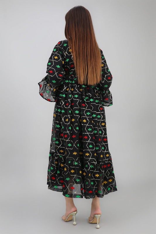 Chiffon robe with colorful embroidery and black ruffles sleeves 