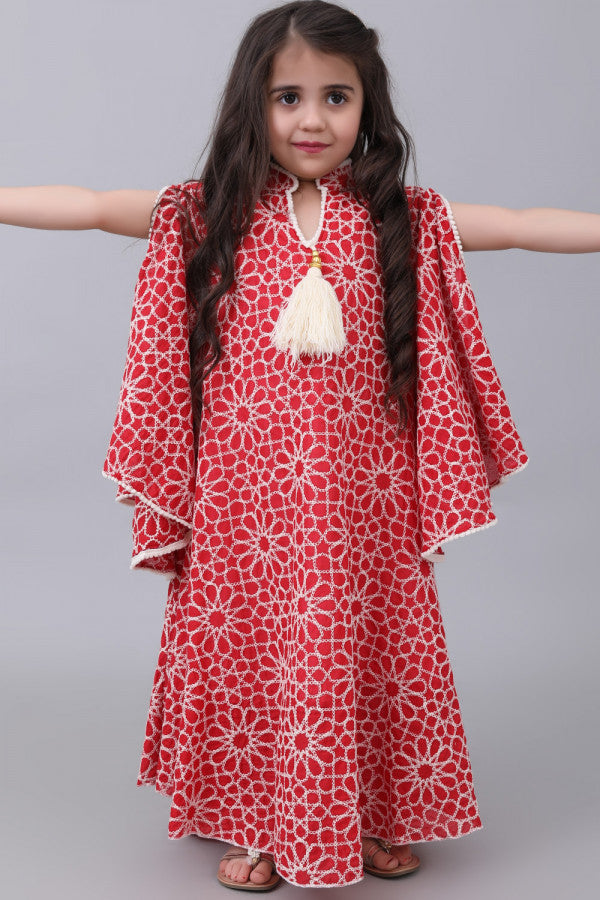 Girls' oriental jalabiya, embroidered with wide sleeves, red 