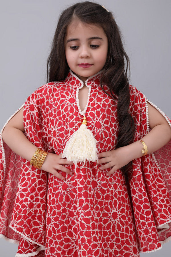 Girls' oriental jalabiya, embroidered with wide sleeves, red 