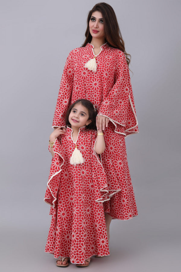 Girls' oriental jalabiya, embroidered with wide sleeves, red 