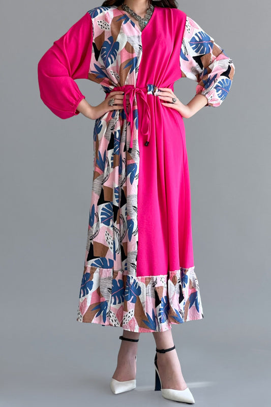 Floral Kuwaiti galabiya with a tie at the waist, fuchsia