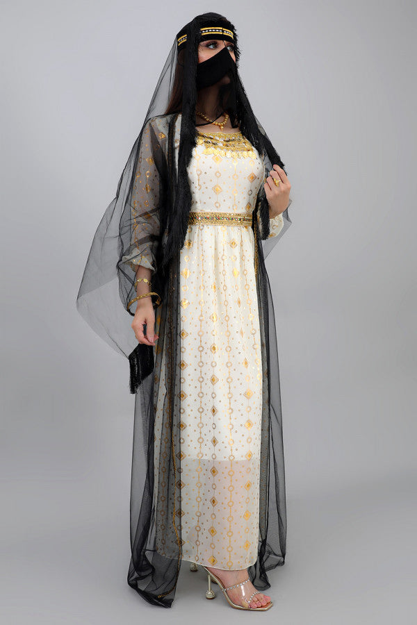 A traditional-designed jalabiya with a dark-colored bisht 