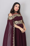 Evening dress with embroidered cape design, burgundy