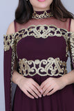 Evening dress with embroidered cape design, burgundy