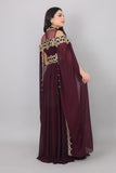 Evening dress with embroidered cape design, burgundy